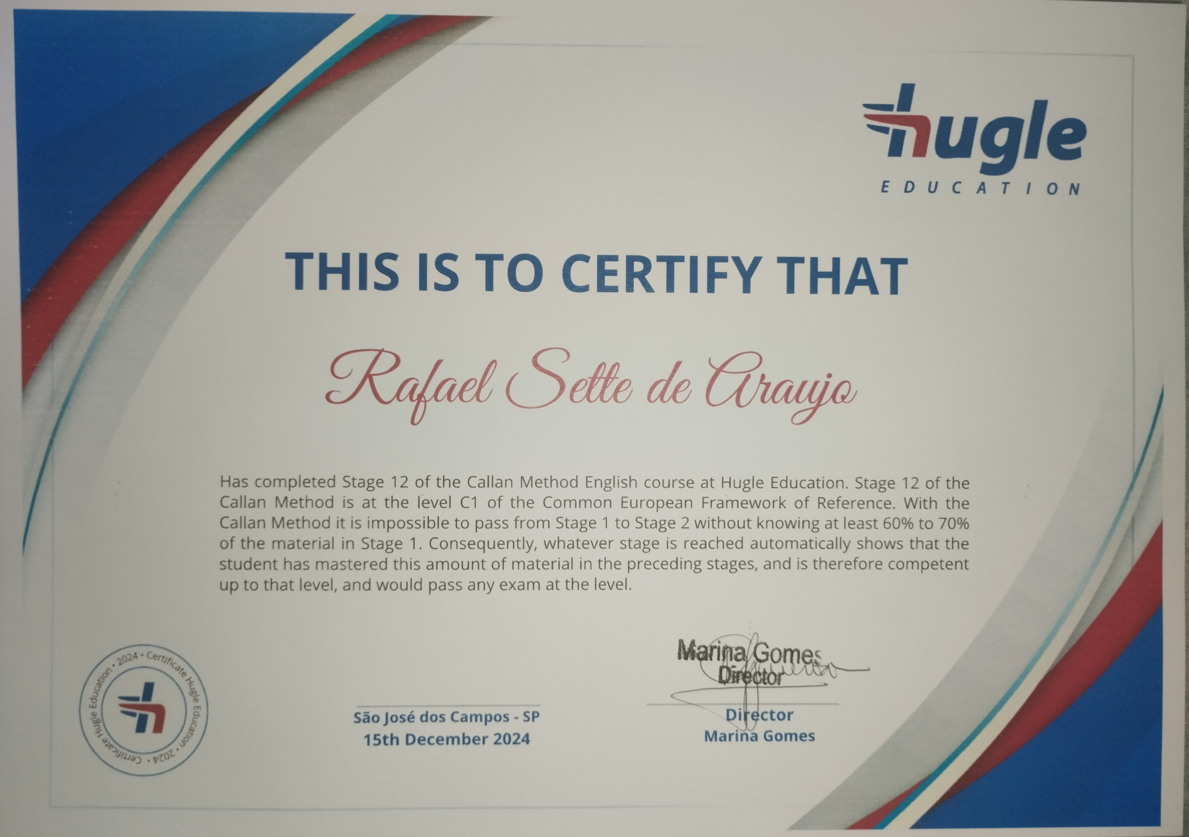 Certificado de Conclusão do Curso de Inglês Stage 12 - Huggle Education